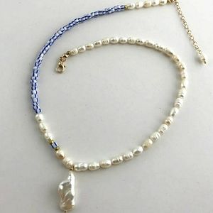 Freshwater Baroque Pearl Drop Necklace, Blue Seed Bead, Boho Coastal, NWOT
